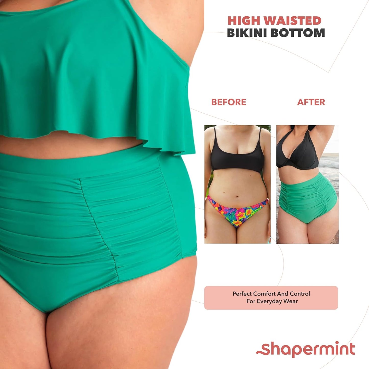 SHAPERMINT Women Ruched High Waisted Bikini Bottom Swimsuit, Tummy Control Full Coverage Swimwear