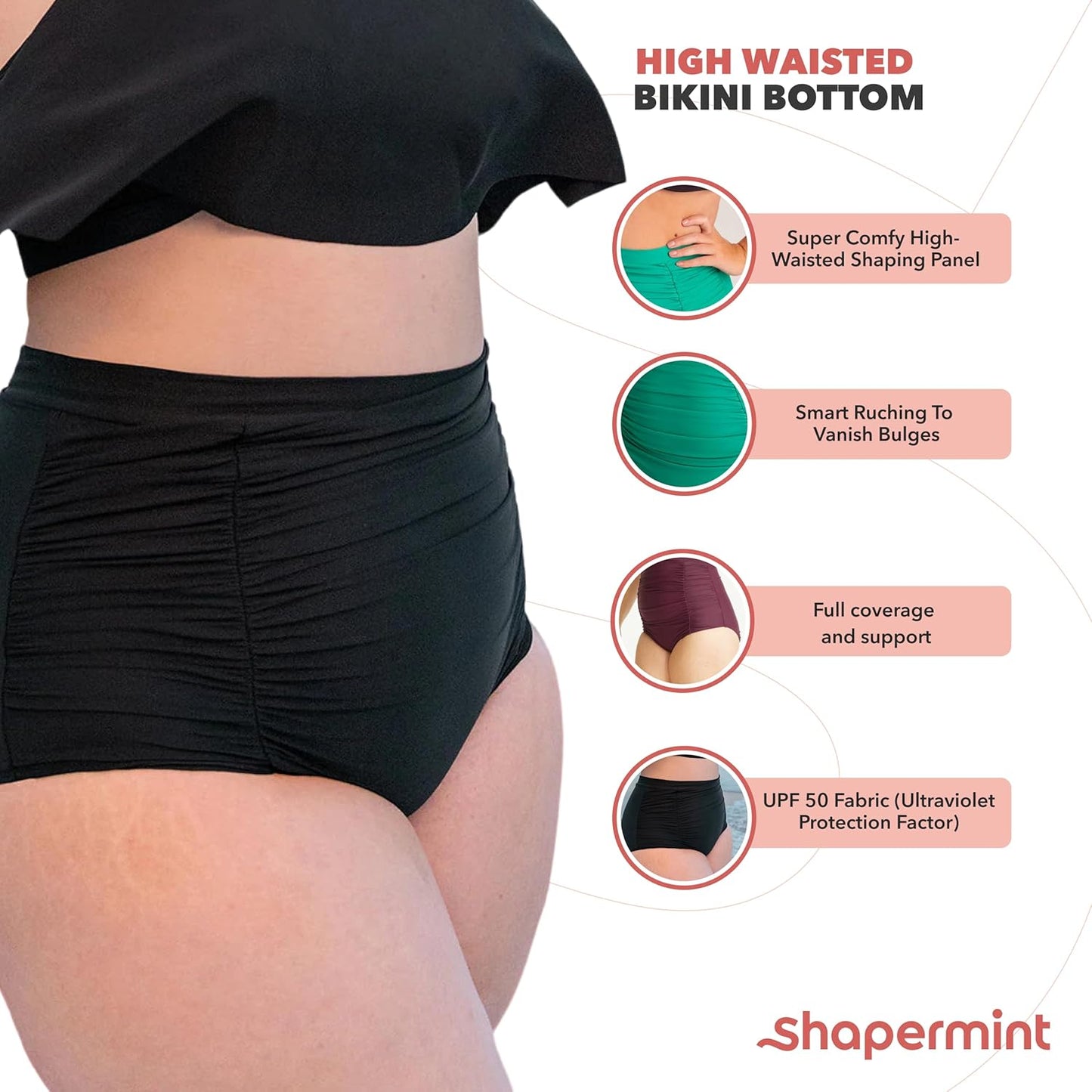 SHAPERMINT Women Ruched High Waisted Bikini Bottom Swimsuit, Tummy Control Full Coverage Swimwear
