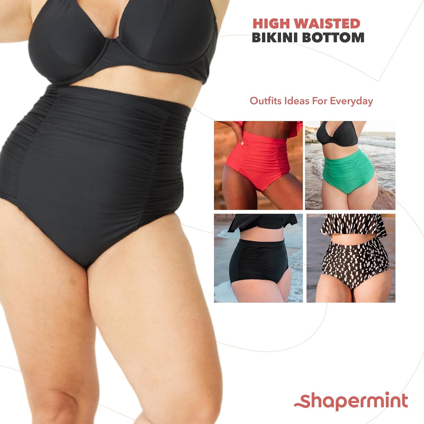 SHAPERMINT Women Ruched High Waisted Bikini Bottom Swimsuit, Tummy Control Full Coverage Swimwear