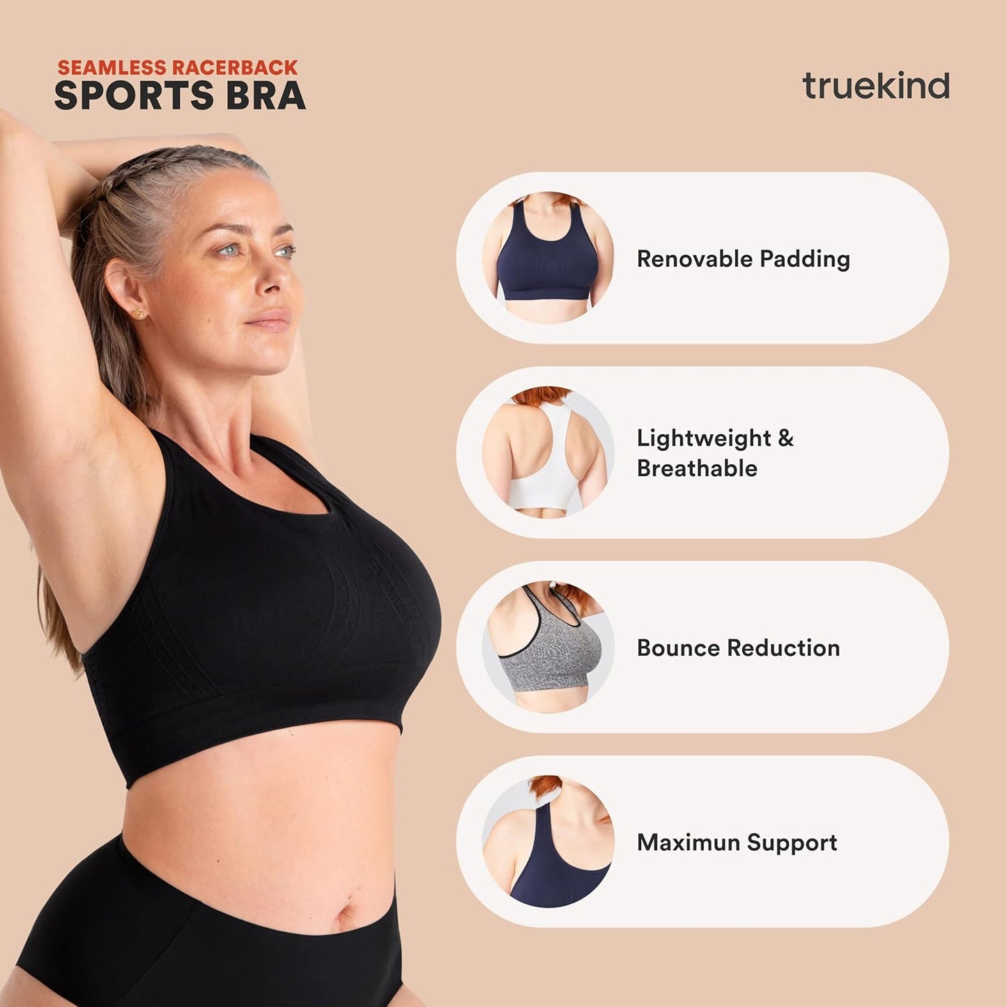 Truekind Racerback Sports Bras for Women, High Support Workout Tops for Women, Workout Bra Plus Size